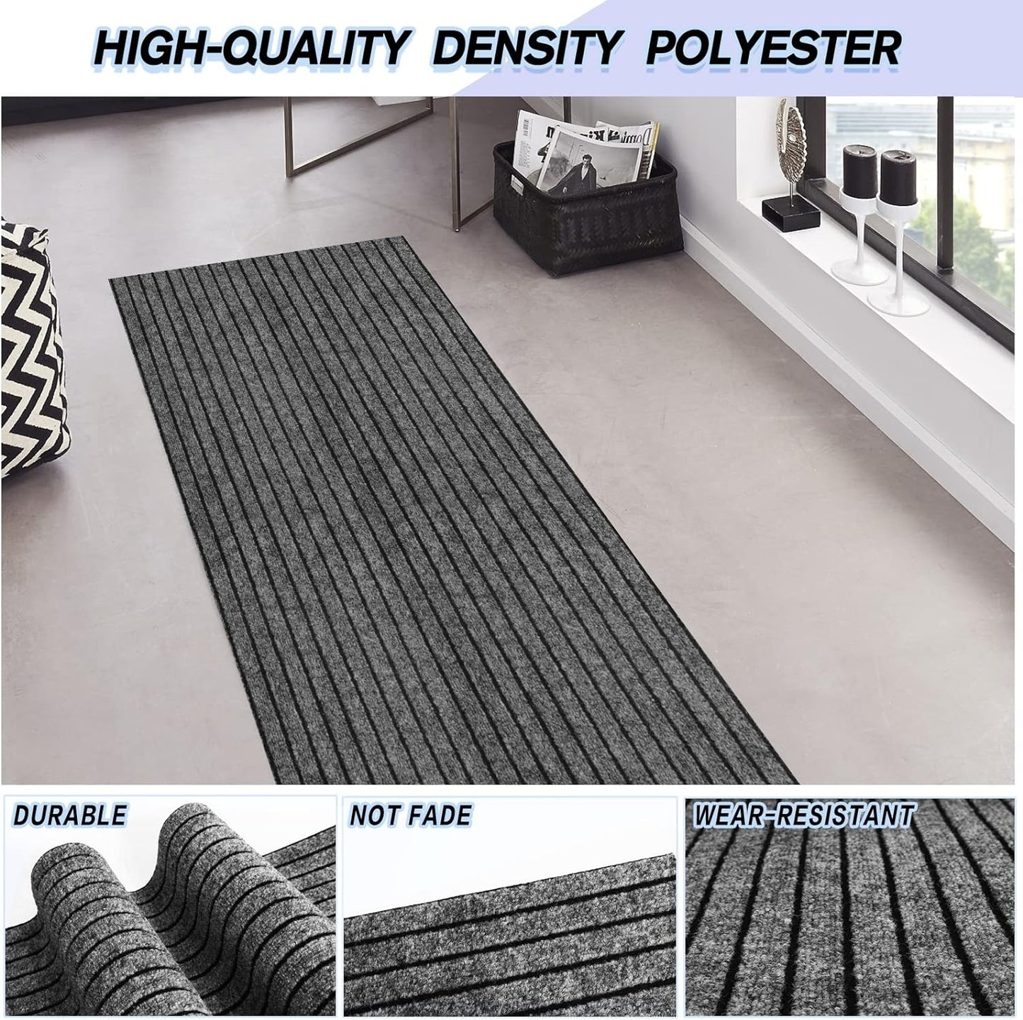 Custom Size Backed Non-Slip Area Rugs Runner, Easy Clean, Waterproof Runner Rugs for Hallway Entryway, Kitchen, Laundry, 3FT x 74FT, Gray Stripe