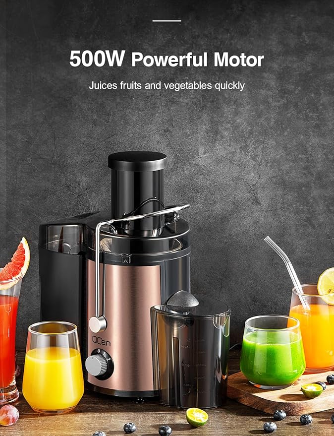 QCen Juicer Machine, 800W Centrifugal Juicer Extractor with Wide Mouth 3” Feed Chute for Fruit Vegetable, Easy to Clean, Stainless Steel, BPA-free (Rose Gold)