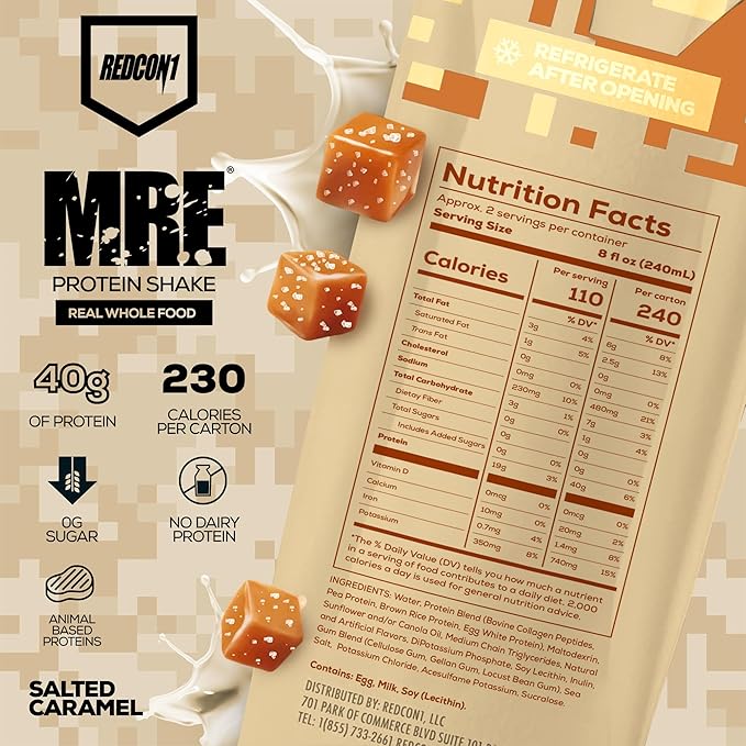 REDCON1 MRE Ready to Drink Protein Shakes, Salted Caramel - Protein Drinks with Whole Food Sources - Sugar Free RTD Shake Formulated to Fuel Athletes at Any Time (12 Pack)