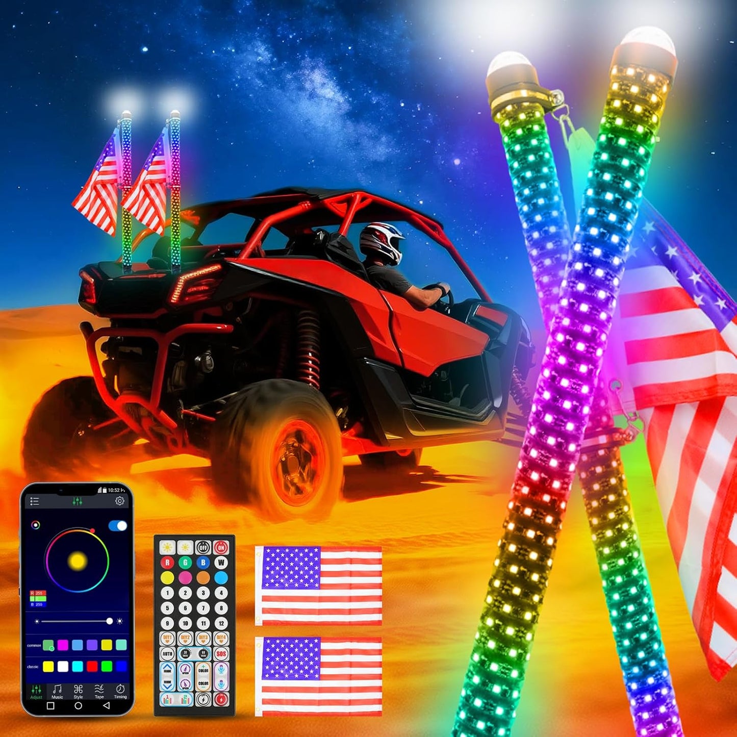 2Pack 2FT Fat Whip Lights,LED Whip Lights with Strobe Light Spiral RGB Chasing Lighted Antenna Whips W/App & Remote Control Music Whip Light for UTV ATV RZR Polaris SXS Can-Am X3 Off-Road Truck