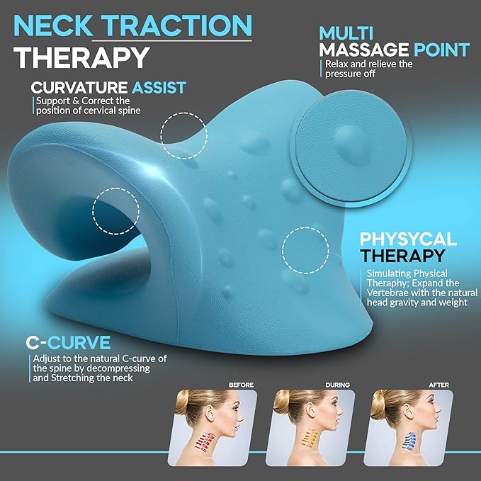 Neck Stretcher Cervical Traction, FSA HSA Eligible, Neck and Shoulder Relaxer for Pain Relief, Ergonomic Neck Pillow, Neck Hump Corrector, Cervical Spine Alignment, Neck Curve Corrector (Light Blue)