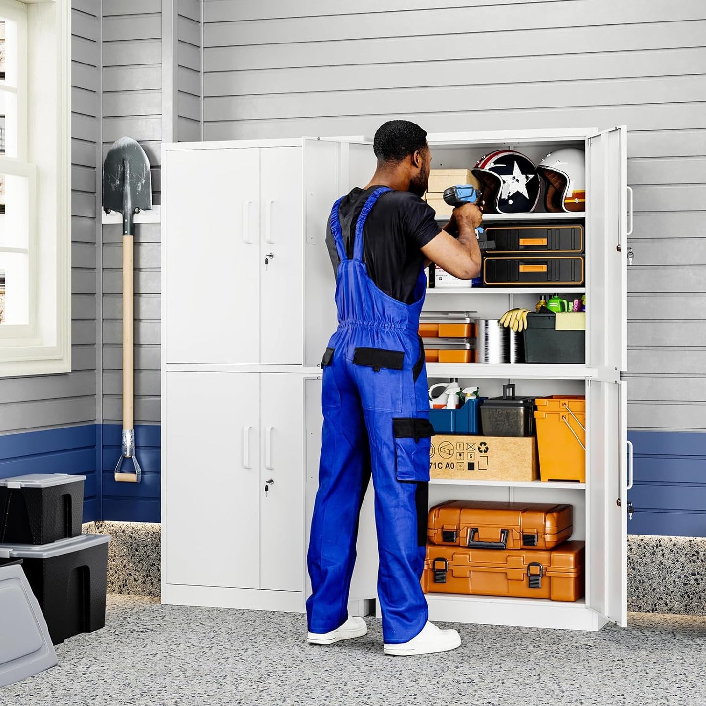 Yizosh Metal Storage Locking Cabinet with 4 Doors and 2 Adjustable Shelves,71" Lockable Garage Tall Steel Cabinet,for Home Office,Living Room,Pantry,Gym,Commercial Storage (White)