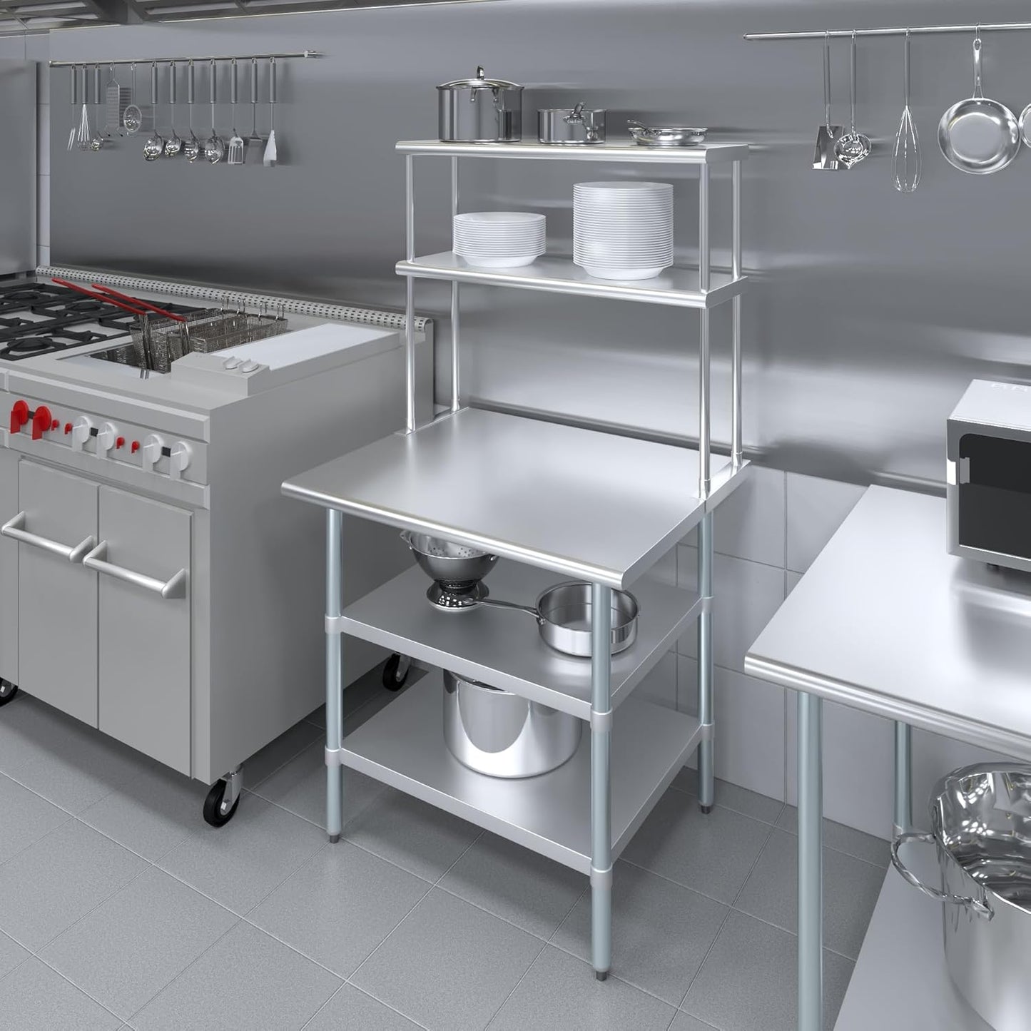Amgood Stainless Steel Work Table with 2 Shelves | Metal Kitchen Prep Table & Shelving Combo (30" x 36" Table with 2 Shelves + 12" Overshelf)