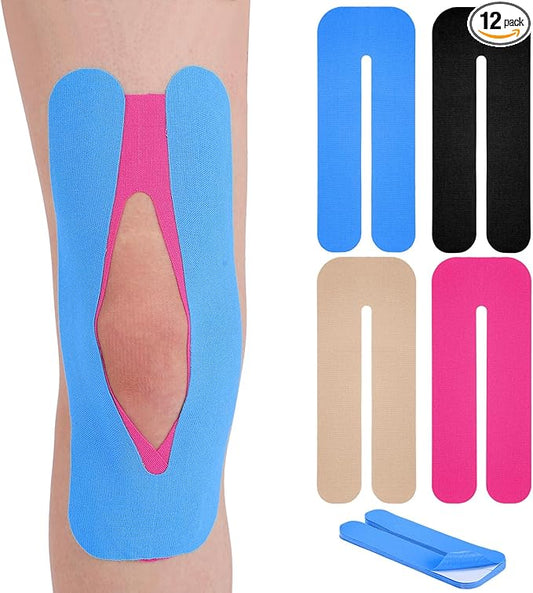 12 Pcs Precut Kinesiology Tape for Knees Waterproof Sport Knee Tape Elastic Breathable Latex-Free Athletic Tape Knee Pain Relief Tape for Knee Tendons Support Strips Fitness (Blue)