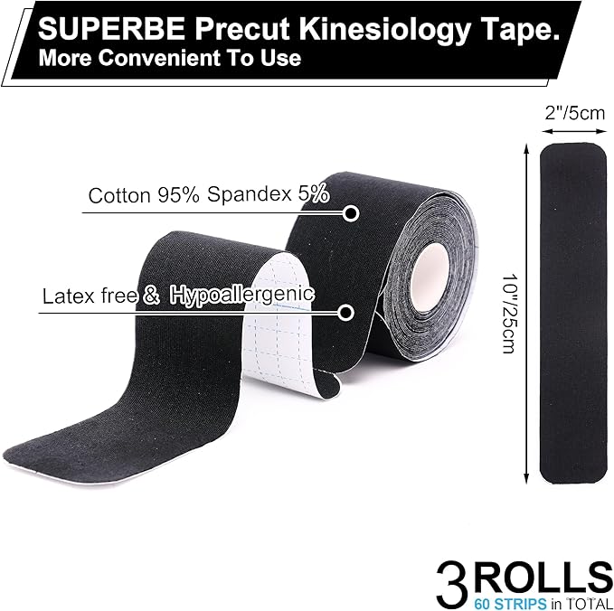 SUPERBE Precut Kinesiology Tape (3 Rolls Pack), Elastic Sports Tape for Pain Relief, Muscle Support, Recovery and Physio Therapy, Breathable, Waterproof (Black)