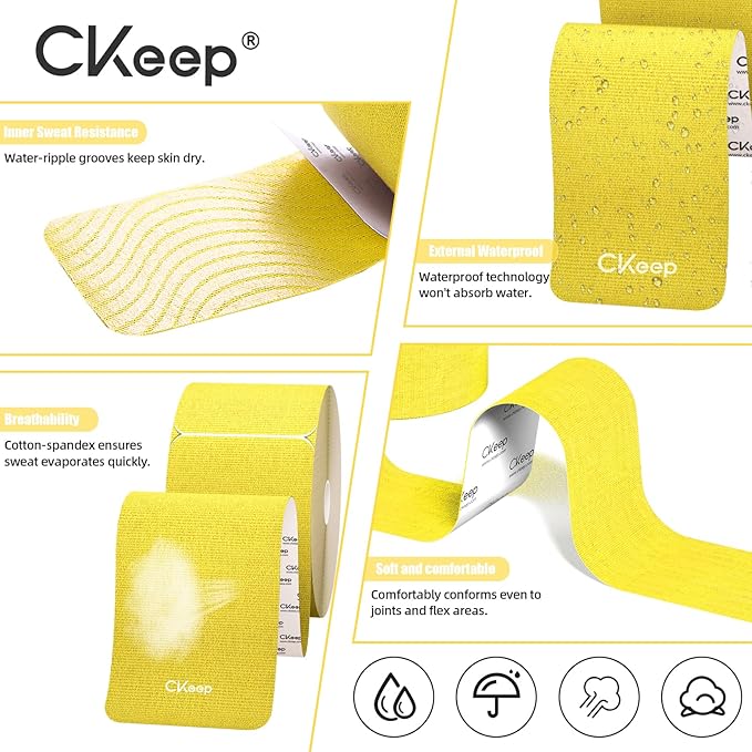 CKeep 4 Rolls Kinesiology Tape, Original Cotton Elastic Athletic Tape, 20 Precut 10" Strips Each,Yellow, Ideal for Muscle Support & Injury Prevention