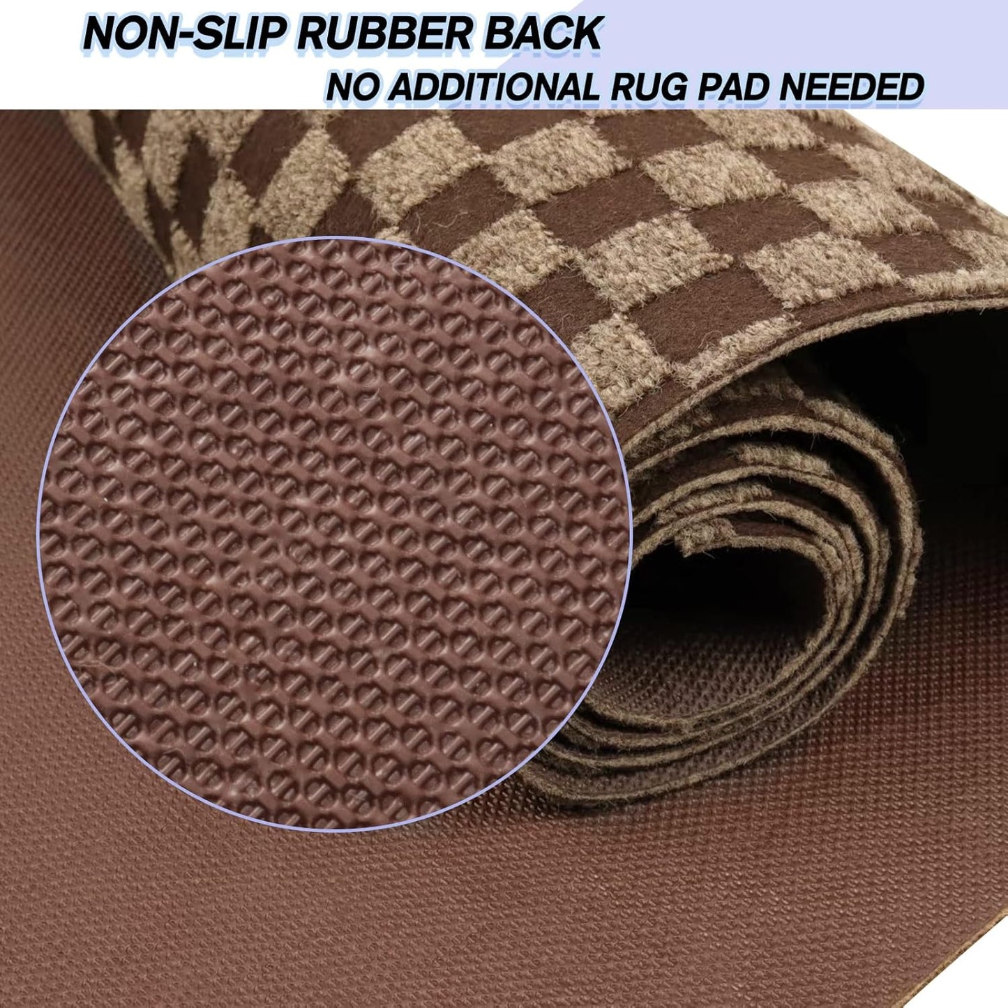 Custom Size Backed Non-Slip Area Rugs Runner, Easy Clean, Waterproof Runner Rugs for Hallway Entryway, Kitchen, Laundry, 3FT x 5FT, Brown Checkered