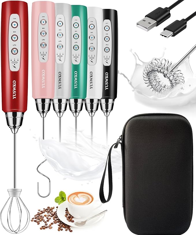 YUSWKO Rechargeable Milk Frother for Coffee, Handheld Drink Mixer with 3 Heads 3 Speeds, Ideal Coffee Frother Wand for Travel - Red