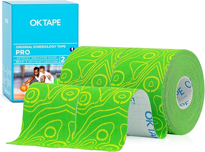 OK TAPE PRO Kinesiology Tape, 2inch x Long Roll 16ft Free Cut Tape, Elastic Athletic Tape Therapeutic Latex Free, 2 Rolls Yellow+Green