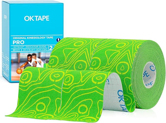 OK TAPE PRO Kinesiology Tape, 2inch x Long Roll 16ft Free Cut Tape, Elastic Athletic Tape Therapeutic Latex Free, 2 Rolls Yellow+Green