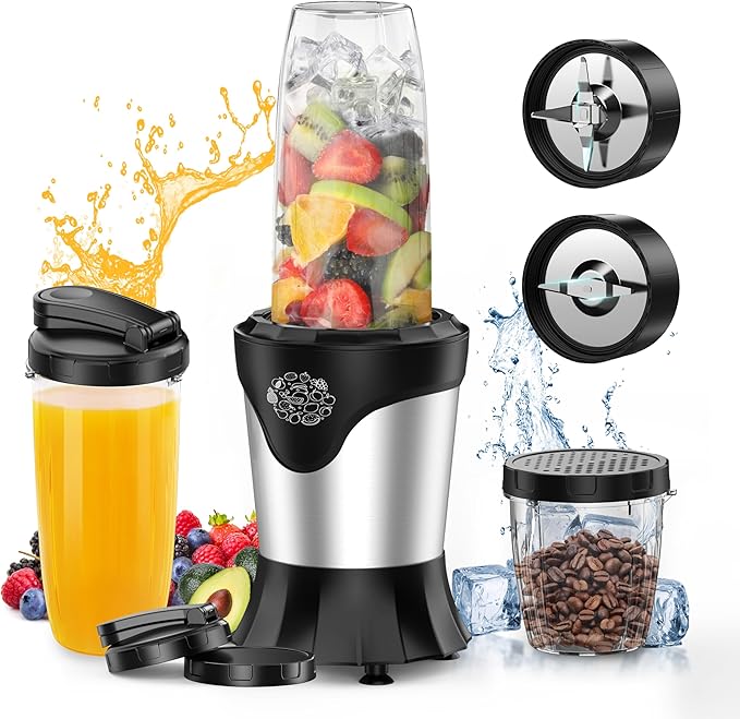 Suavo Smoothie Blender 1100W Portable Personal Blender for Shakes and Smoothies with 2 * 22Oz To-Go Cups & Lids, Includes Portable Coffee Grinder and 10Oz BPA-Free Travel Cup Countertop Mixer Blender