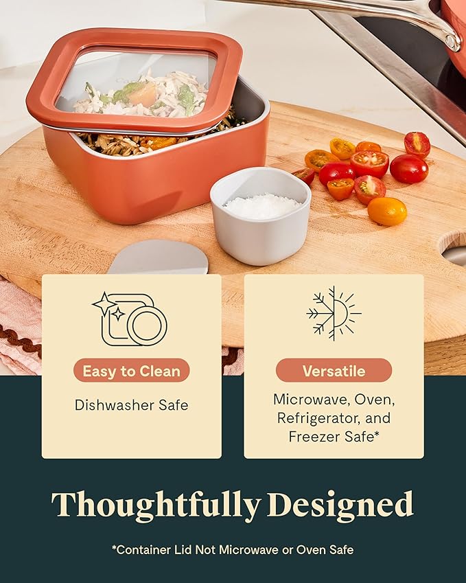 Caraway 2pc Glass Food Storage Set - 4.4 Cup Food Containers (2) - Ceramic Coated - Non Toxic, Non Stick Lunch with Lids - Dishwasher, Oven, & Microwave Safe - Perracotta