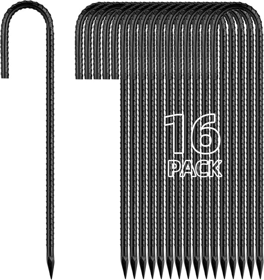 12 Inch Rebar Stakes J Hook Ground Stakes 16-Pack Heavy Duty Galvanized Chain Link Fence Stakes Metal Tent Stakes for Outdoor Lawn Decorations Inflatables Canopy Swing Set