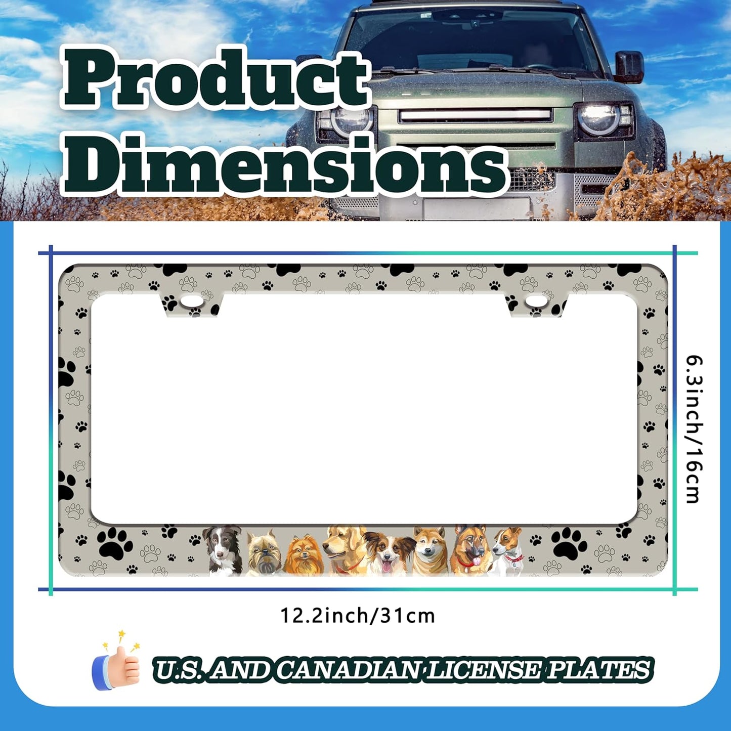 Dog License Plate Frame Pet Paw Prints Stainless Steel License Plate Holder for Front or Rear Car Tags Funny for Car Decoration Accessories with Screws 6.3 X 12.2 in for Women Men