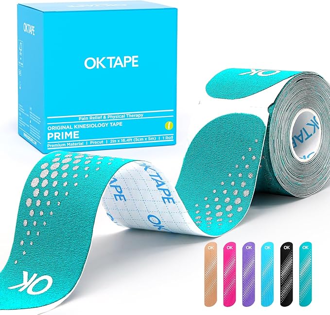 OK TAPE Synthetic Kinesiology Tape Precut Strips, Waterproof Kinesiology Athletic Tape for Joint & Muscle Support, Reflective and Durable K Tape, 2in×16.4ft Roll 20PCS | Blue and Green