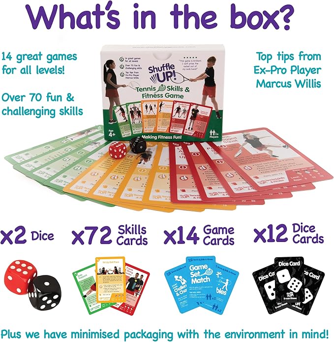 Shuffle Up Tennis Card Games - 70+ Fun & Active Skills Cards for Kids, Fitness Cards Develop Fundamentals, Stamina & Strength, Easy to Play for Kids | Multiple Skill Level Cards Include 2 Dices