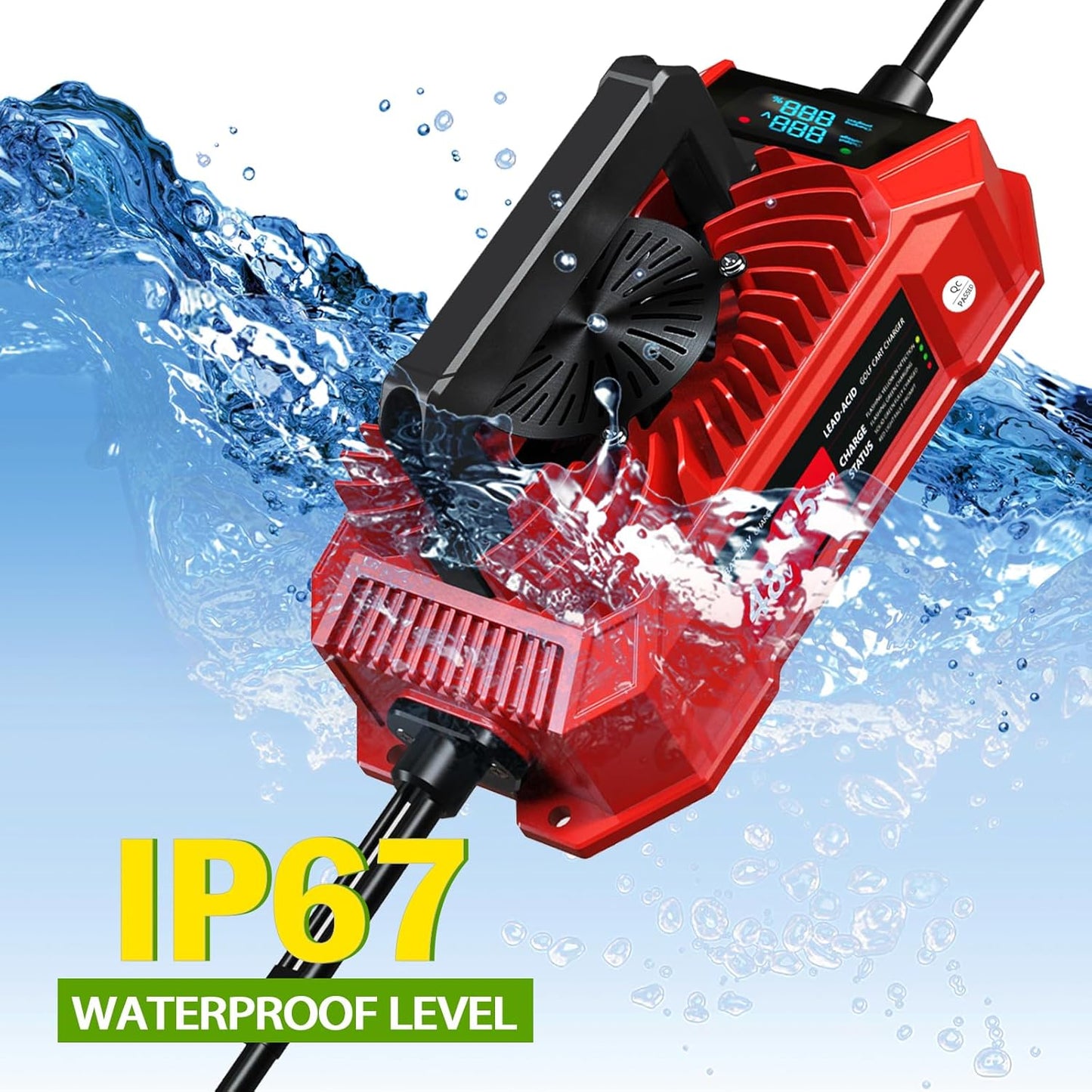 Golf Cart Charger 48 Volt Club Car with LED Visual Charging Display, IP67 15A Golf Cart Battery Charger for Club Car Precedent & DS Lead Acid Battery, 3-Pin Round Plug Cable, Club Car Accessories, Red