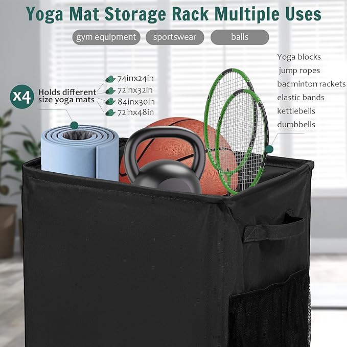 Yoga Mat Storage Racks, Home Gym Storage Rack with Wheels, Yoga Mat Holder Side 2 Mesh Pockets, Yoga Storage Basket Holds 4 Yoga Mats, 2 Foam Rollers, 6 Resistance Bands