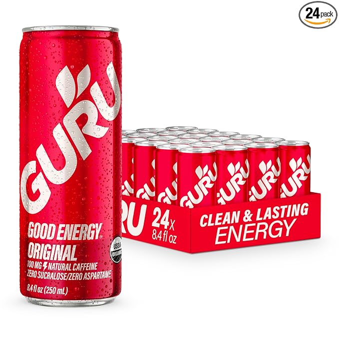 GURU Original Organic Energy Drinks, Clean Energy Drink with Plant Based Natural Caffeine from Green Tea, Gluten Free and Vegan, 100MG Caffeine, Healthy Drinks, 8.4oz (Pack of 24)