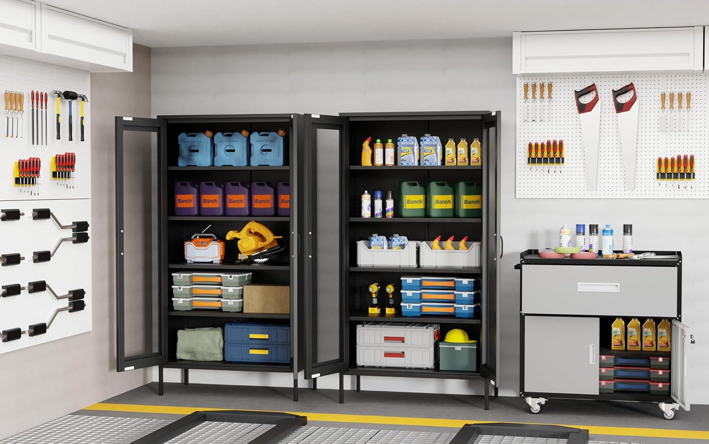 73 '' Metal Garage Storage Cabinet, 2 Doors and 4 Adjustable Shelves, mesh Door Design, can be Used to Store Tools, consumables, Books, etc., for Office, Home, Garage, Gym, School (Black)