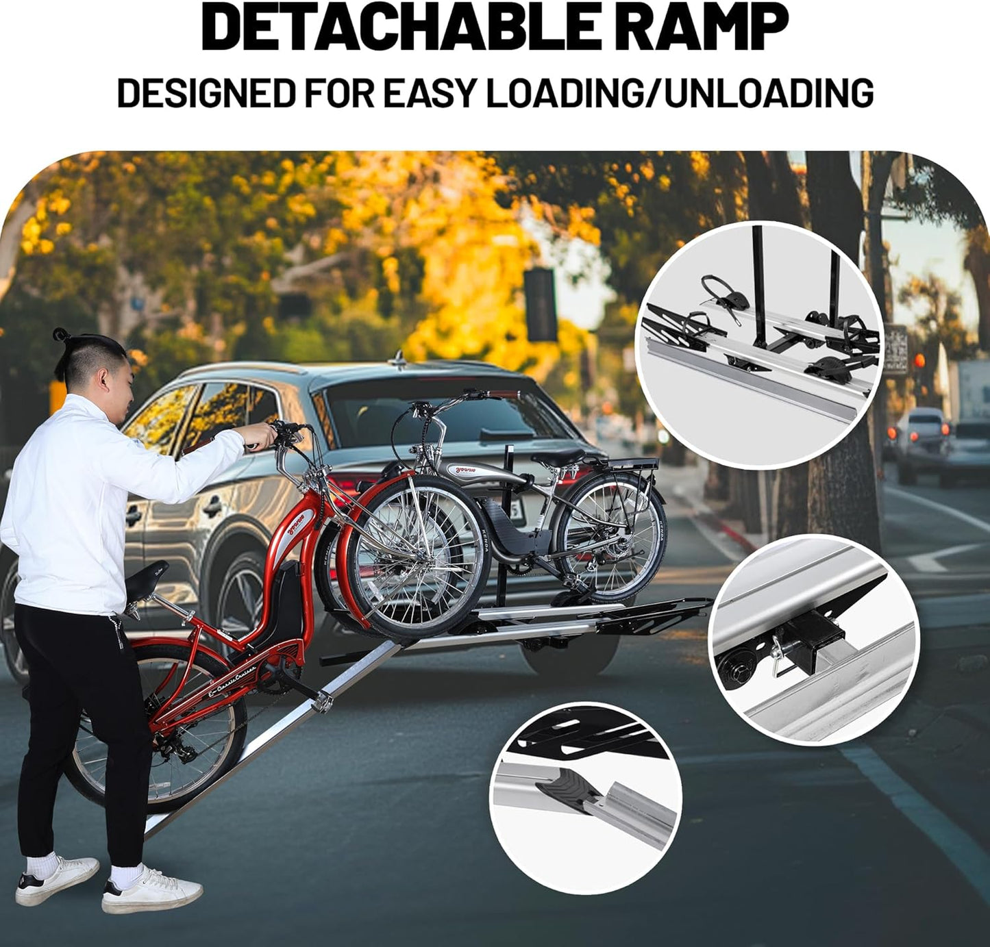 Hitch Mount Bike Rack with Ramp, 200 LB Capacity fits Cars, SUVs, RVs, Trailers, Trucks with 2 Inch Receiver