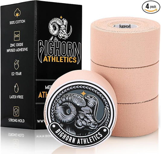 Bighorn Athletics Sports Tape | EZ-Tear Nude Athletic Tape for Wrist, Ankle & Foot Support | Zinc Oxide Infused & Latex-Free Adhesive, Breathable Cotton Fabric, 1.5-Inch x 45-Feet, 4 Rolls, Nude