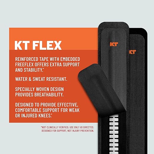 KT Tape, KT Flex Reinforced Adhesive Strips – 8 Pack, 10 in. Precut Strips in Black – Effective Support for Weak or Injured Knees, 2-Strip Application, Breathable, and Comfortable for Up to 3 Days