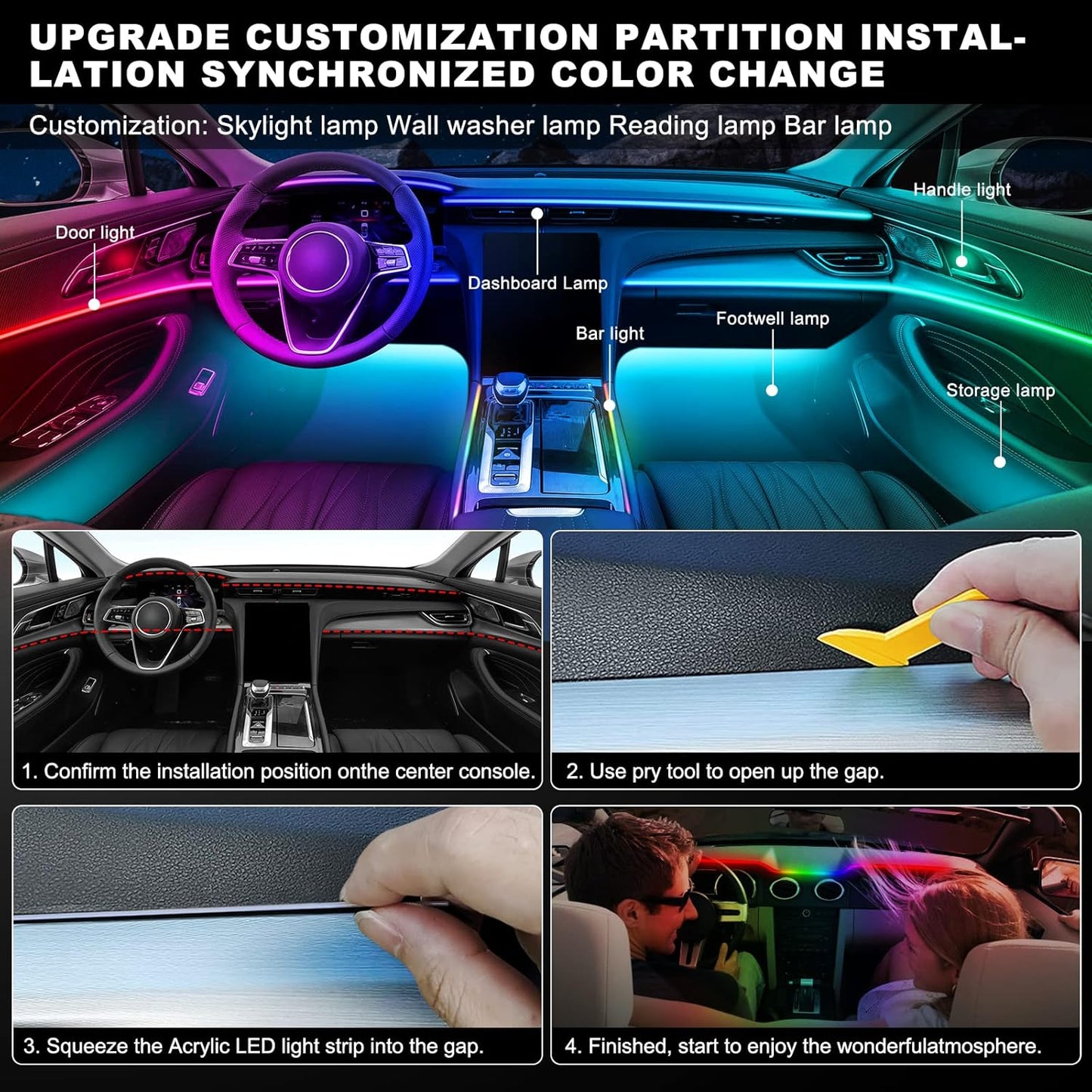 Dreamcolor Acrylic Interior Car LED Strip Light with Wireless APP, RGB 10 in 1 with 175 inches 612 LEDs Fiber Optic Car Ambient Lighting Kits, Dynamic Chasing Music Sync Neon LED Strip Lights for Car