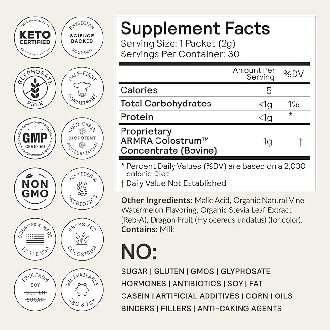 ARMRA Colostrum™ Powder | Vine Watermelon | Gut Health & Bloating | Skin & Hair | Immunity | Keto, Gluten & Fat-Free | 30 Servings