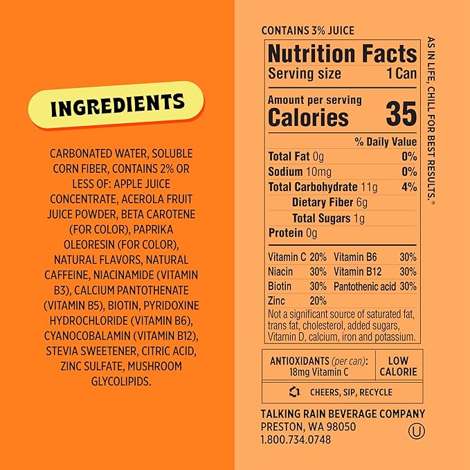 Popwell Orange Cream Caffeinated Better-For-You Prebiotic Soda, with 6g Fiber, 1g Sugar, Vitamins and Immunity Support, 12 fl oz Cans (pack of 12)