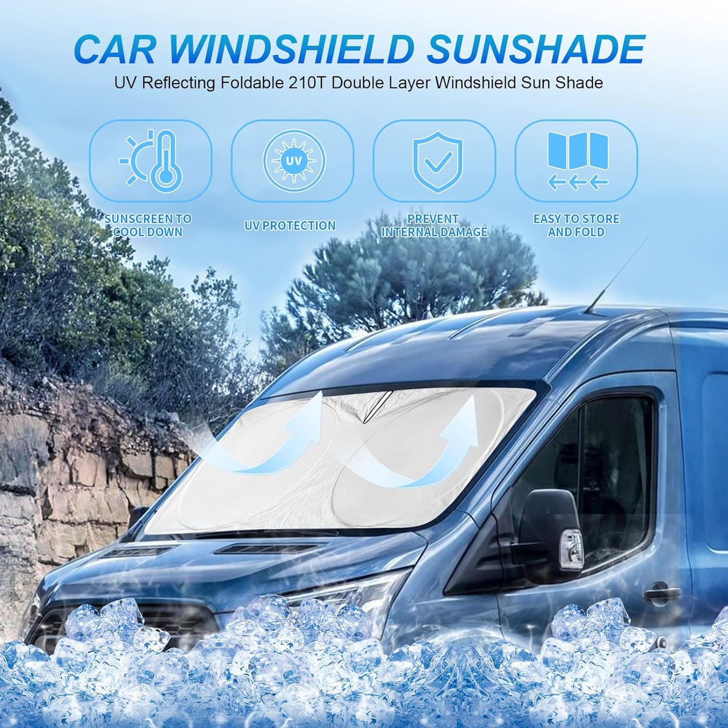 for Ford Transit 2015-2023 2024 2025 2026 Car Windshield Sunshade Sun Shield Custom Fit Transit Wagon XL Cargo,Wagon XLT,Connect Van XL,Front Window Shades Cover Sun Visor Protector Car Accessories