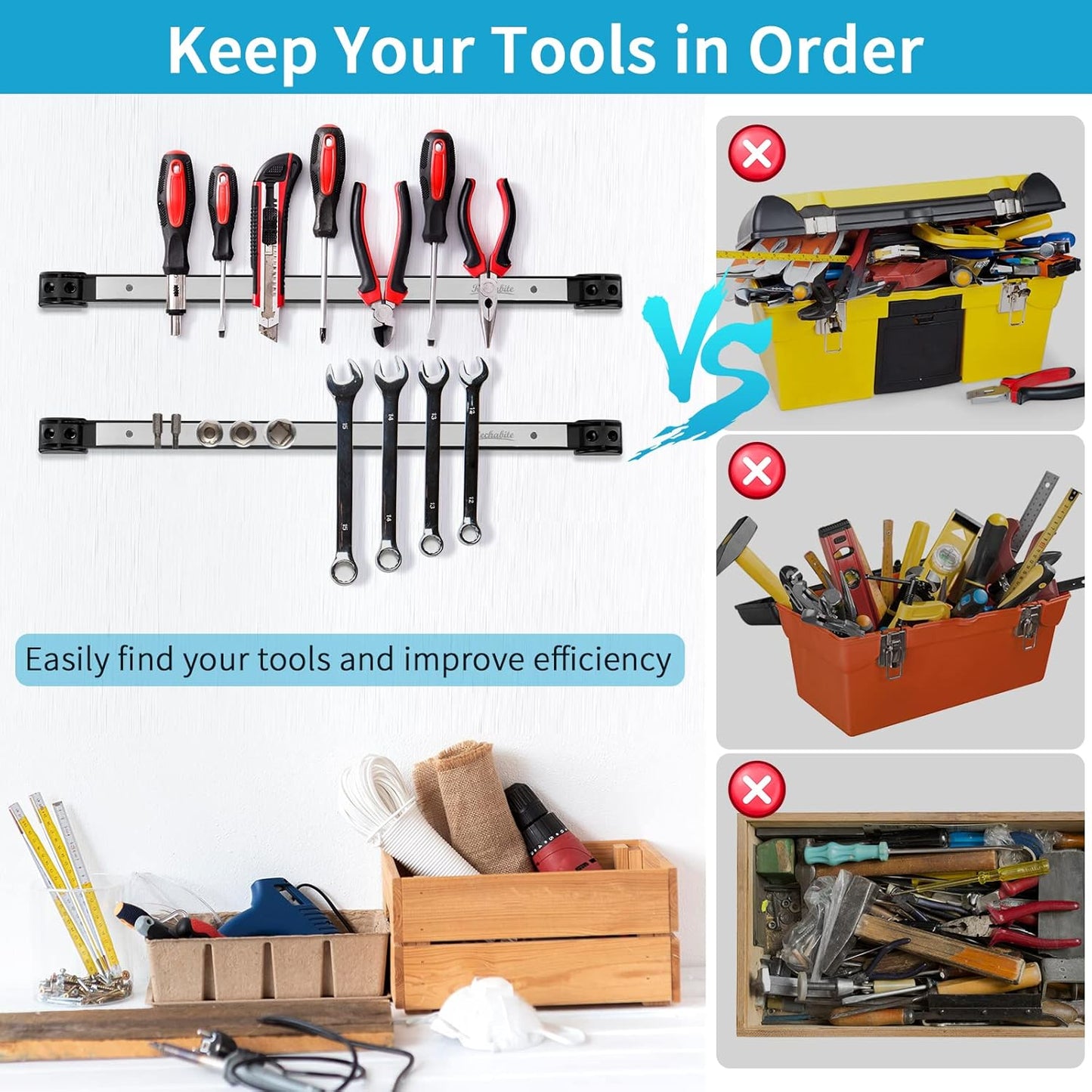 6 Pieces 24" Magnetic Tool Holder Strip, Stainless Steel Surface Tool Magnet Bar, Metal Tool Organizer Rack for Garage Organization, Easy To Install in Workshop, Mounting Screws Included