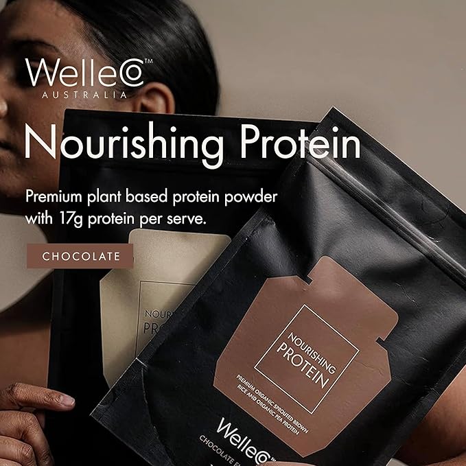 WelleCo Vegan Protein Powder, Gluten Free Premium Organic Sprouted Brown Rice & Pea Protein Blend, 6g Carbs & Dairy Free, for Energy, Muscle Recovery, 16g Protein Per Serving, Chocolate, 35.2oz Pouch