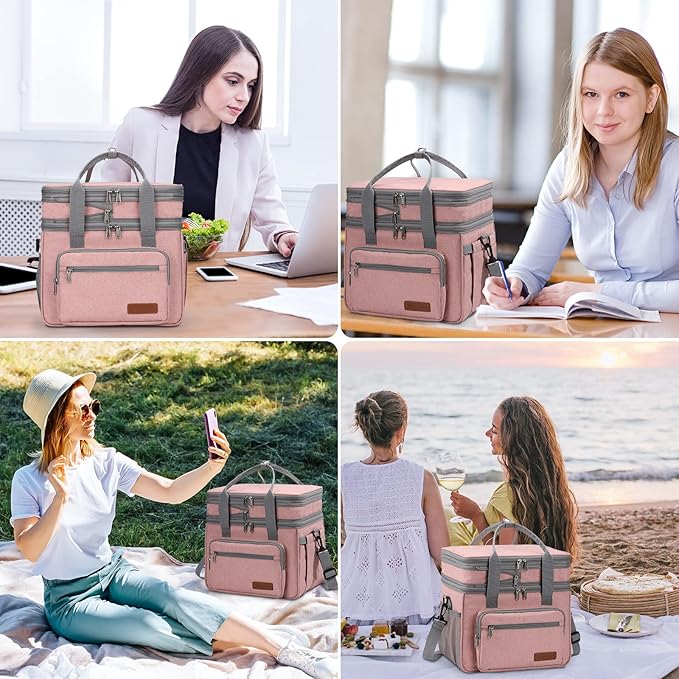Maelstrom Lunch Bag Women,23L Insulated Lunch Box for Men Women,Expandable Double Deck Lunch Cooler Bag,Lightweight Leakproof Lunch Tote Bag with Side Tissue Pocket,Pink