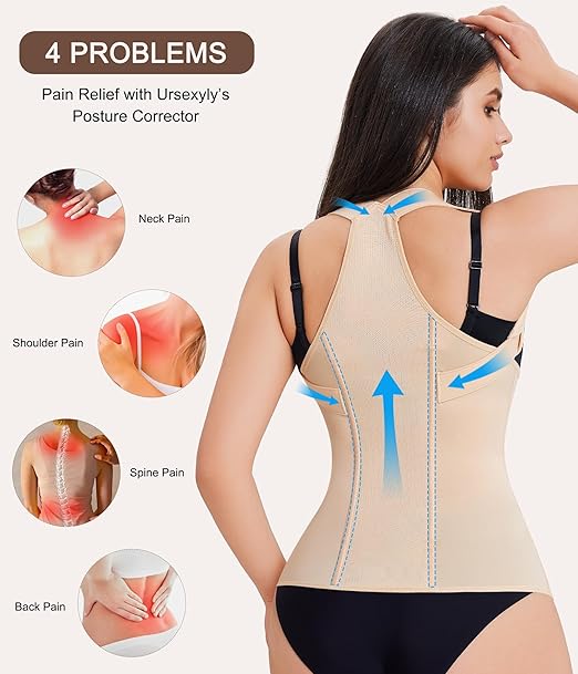 URSEXYLY Back Brace Posture Corrector for Women Adjustable Full Back Support Shoulder Straightener Upper and Lower Back Pain Relief(Beige,S)