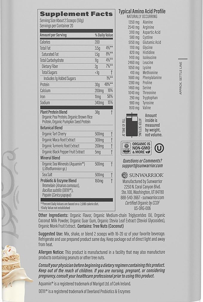 Sunwarrior Organic Plant Based Protein Powder | Vegan Organic Protein Powder with BCAA Amino Acids Plus Recovery Minerals & Botanicals | Non-GMO Soy Dairy & Gluten Free (Cake Batter, 20 Servings)
