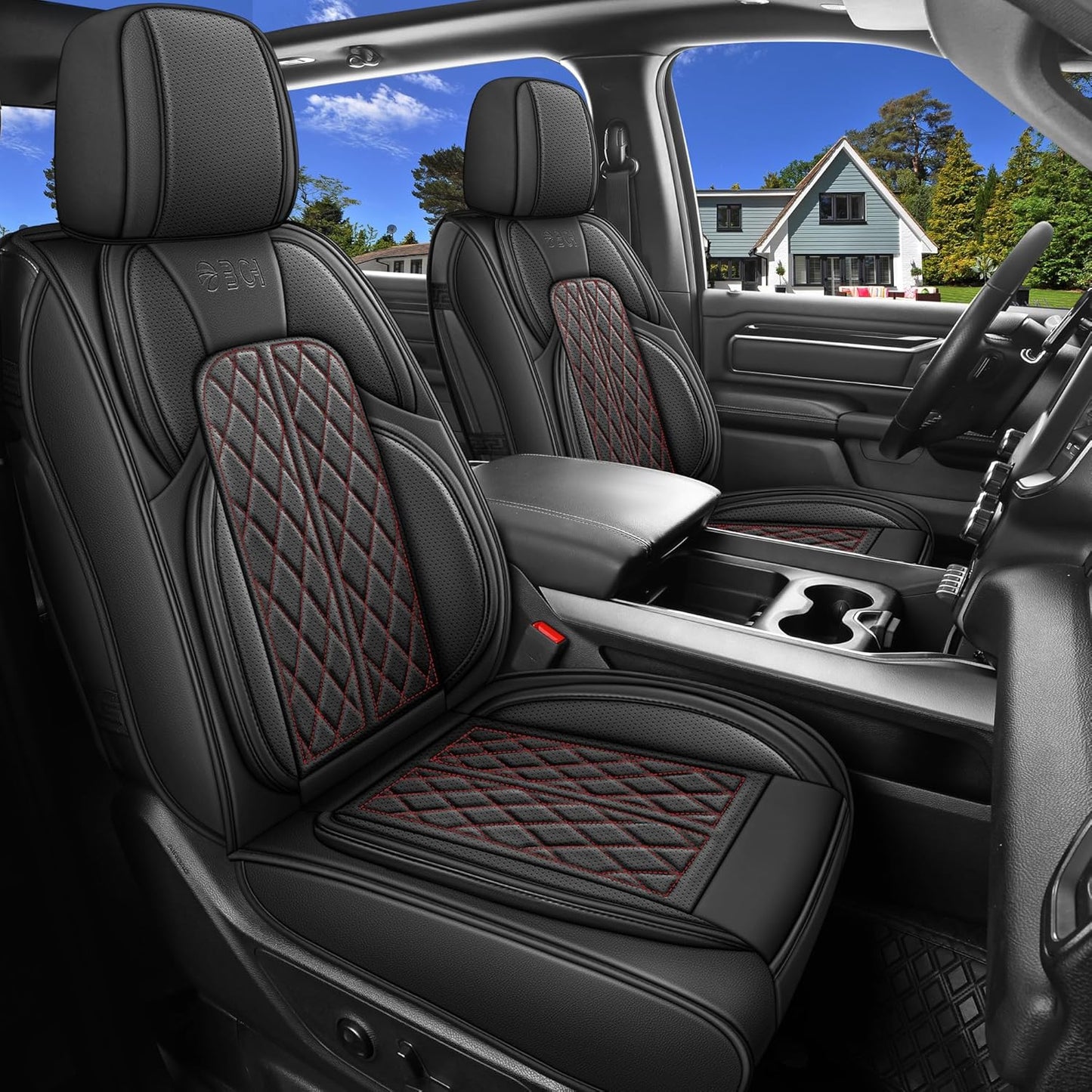 Car Seat Cover Custom Fit for Dodge Ram 1500 2500 3500 2002-2025 Faux Leather Seat Cover Set Compatible with Crew Quad Regular Cab Pickup Truck Cushions (Black Redline, Full Set, Curved Rear)