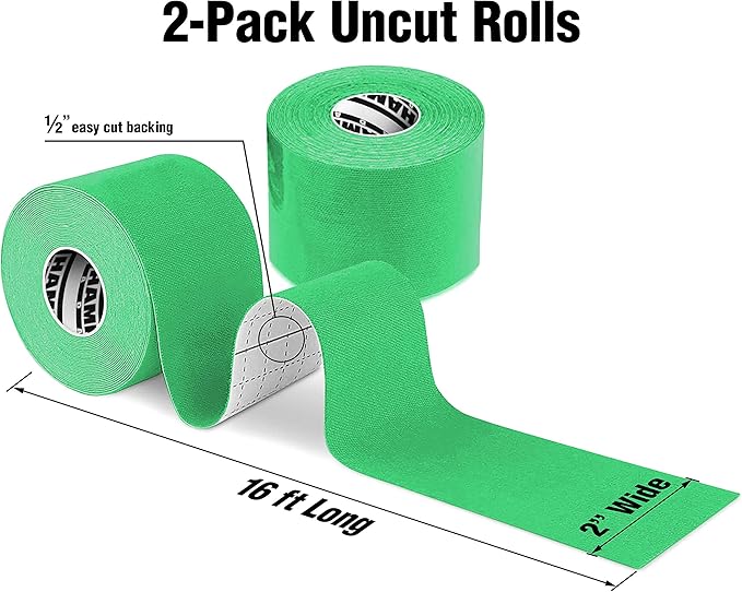 Hampton Adams | As Seen on Shark Tank | Elastic Kinesiology Tape (2-Pack) | Uncut Athletic Tape Supports & Protects Muscles Knees Shoulders & Plantar Fasciitis | Waterproof Hypoallergenic (Green)