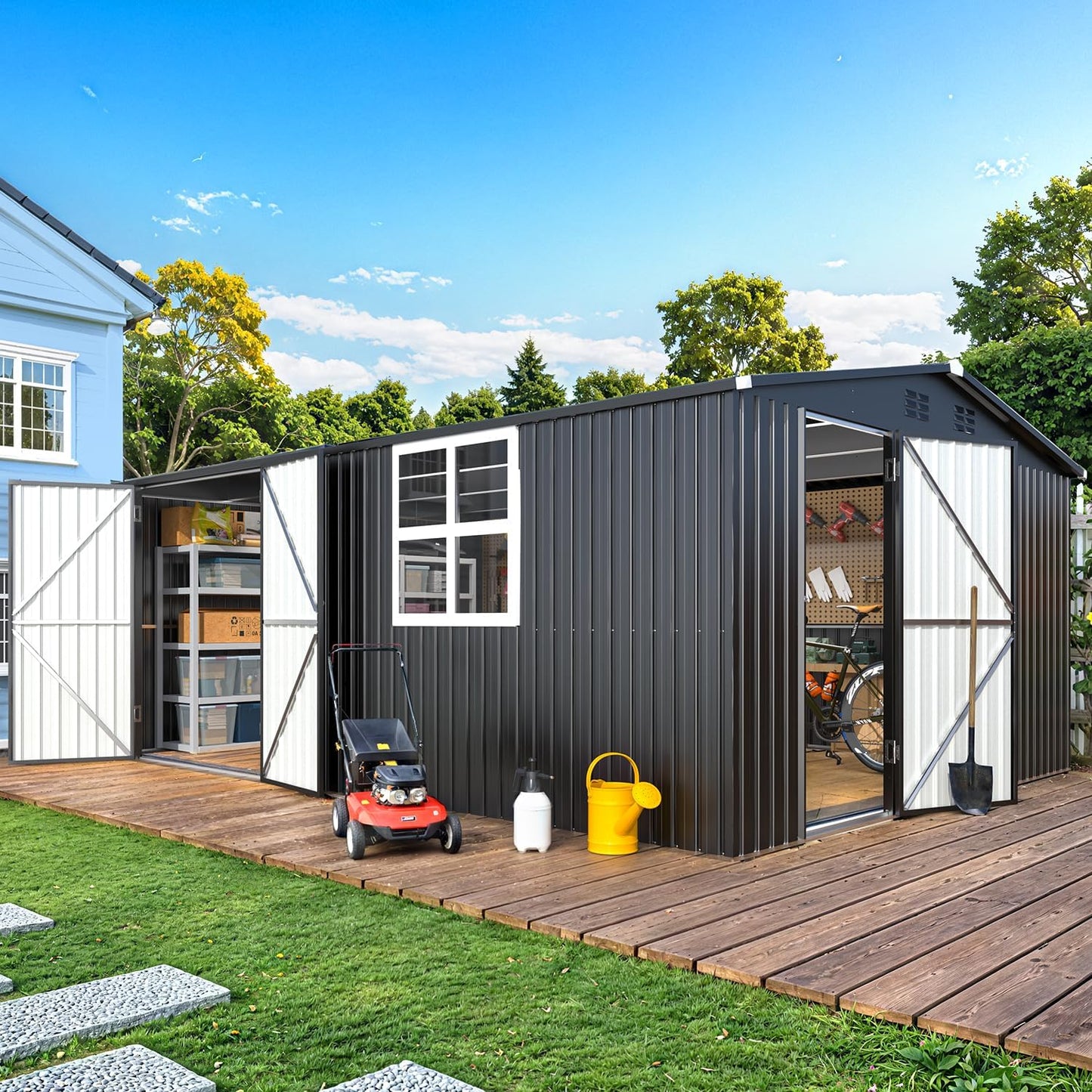 AECOJOY 16' x 12' Outdoor Storage Shed, Large Metal Sheds & Outdoor Storage Clearance 12x16 with Windows, Steel Backyard Shed, Utility Tool Storage for Garden, Patio, Outside use in Dark Grey