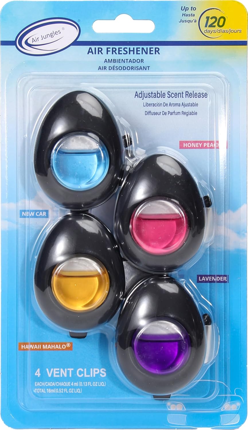 Air Jungles Car Air Freshener Vent Clip 4 Count, 4 ml Each, Long-Lasting Car Odor Eliminator, Up to 120 Days Freshness for Auto, Truck, Home