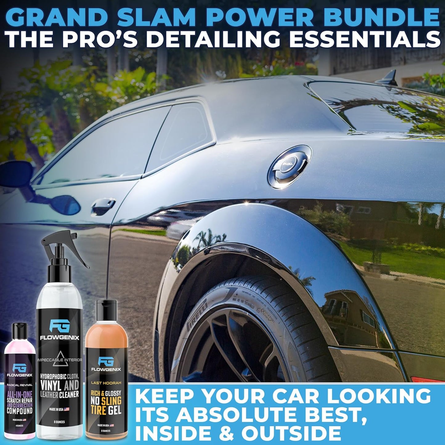 Grand Slam 3-Pack - Includes Tire Shine Gel (8oz), Car Scratch Remover (4oz), Water-Repellent Vinyl and Car Leather Protector (8oz), 2 Microfiber Towels