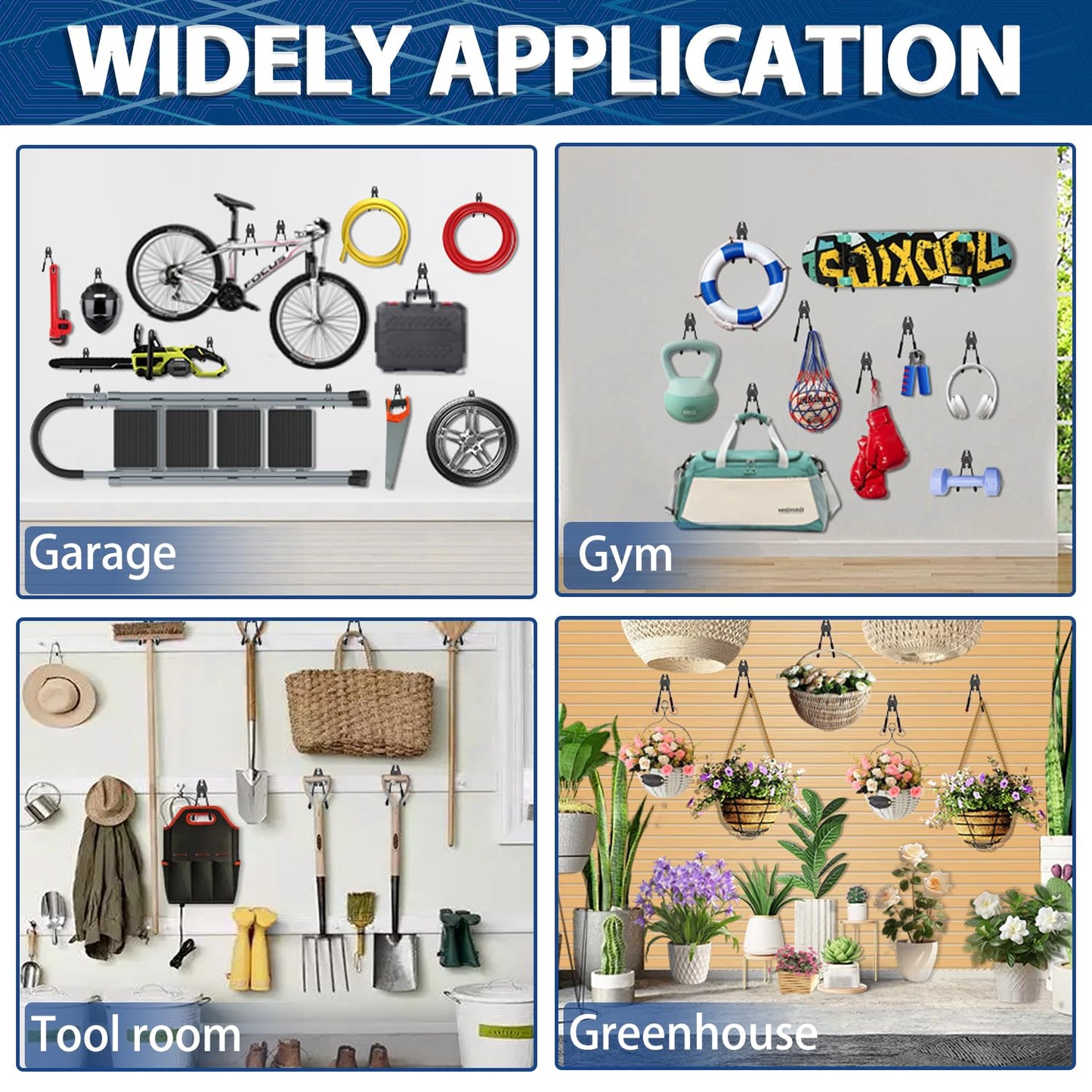 3-H Garage Hooks Heavy Duty with 2 Storage Straps, Utility Garage Wall Mount Hooks for Garden, Ladders, WeedEater, Shovel(Black)