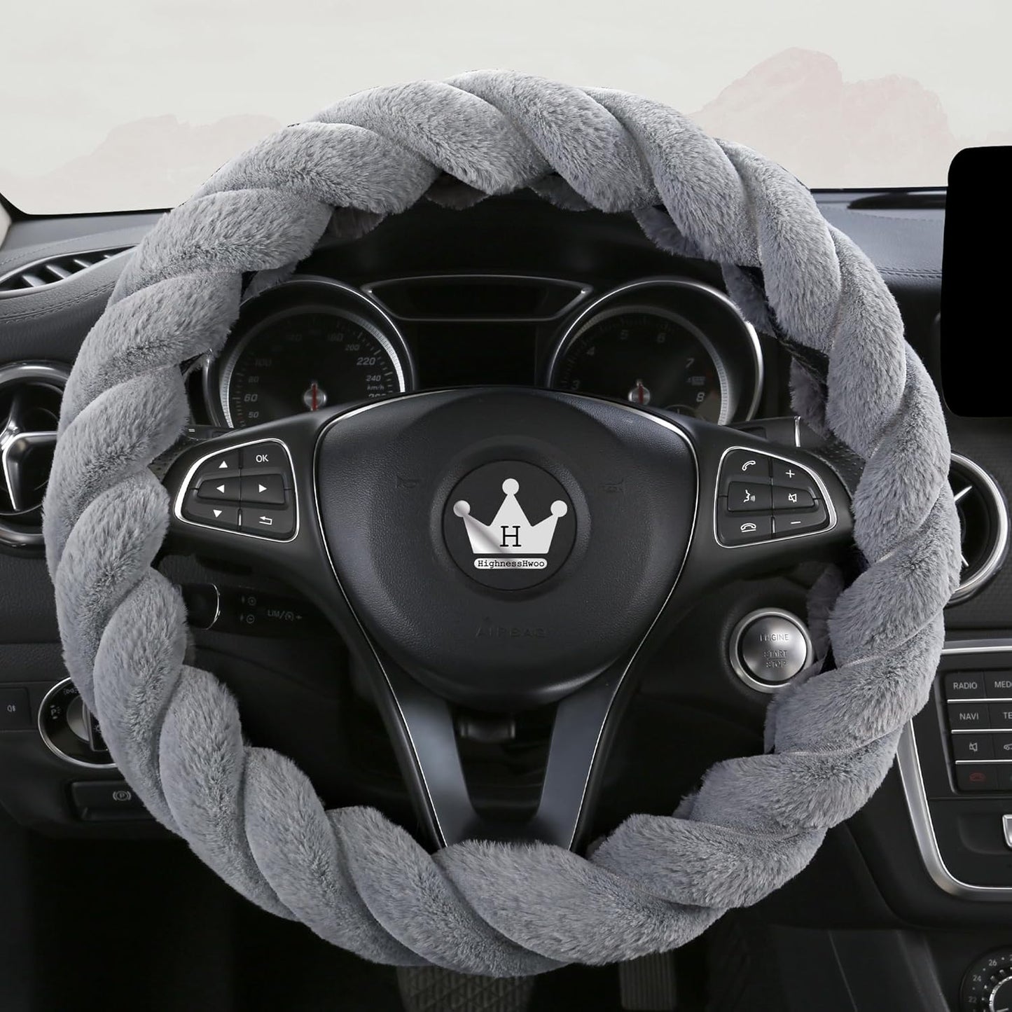 Luxury Fluffy Winter Car Steering Wheel Cover for Women Soft Warm Plush Cute Auto Accessories for Vehicle, Sedan, Universal, Fuzzy, Anti Slip, Gray, Standard Size, 14.75-15.15"