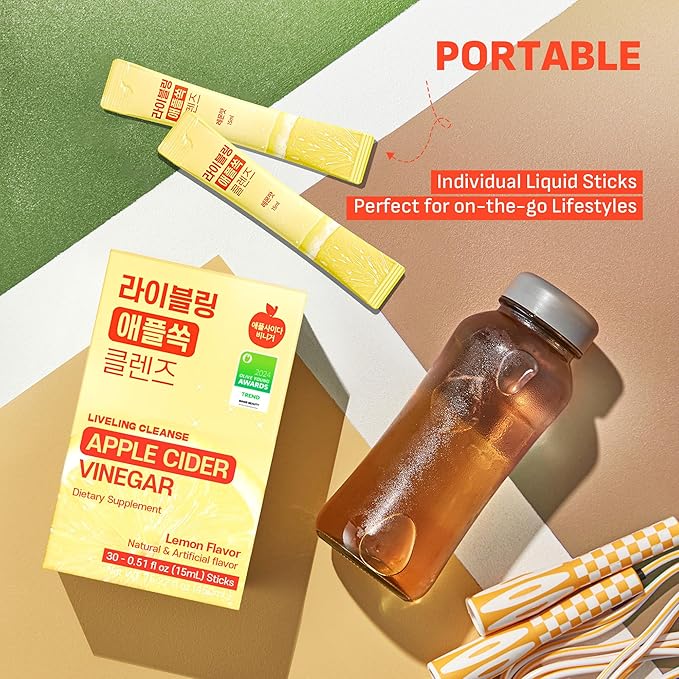 [Liveling] Apple Cider Vinegar Drink Stick – Lemon Flavor | Supports Digestion, Daily Cleanse, Sugar-Free, Low-Calories, Portable On-The-Go Packets (30 sticks)