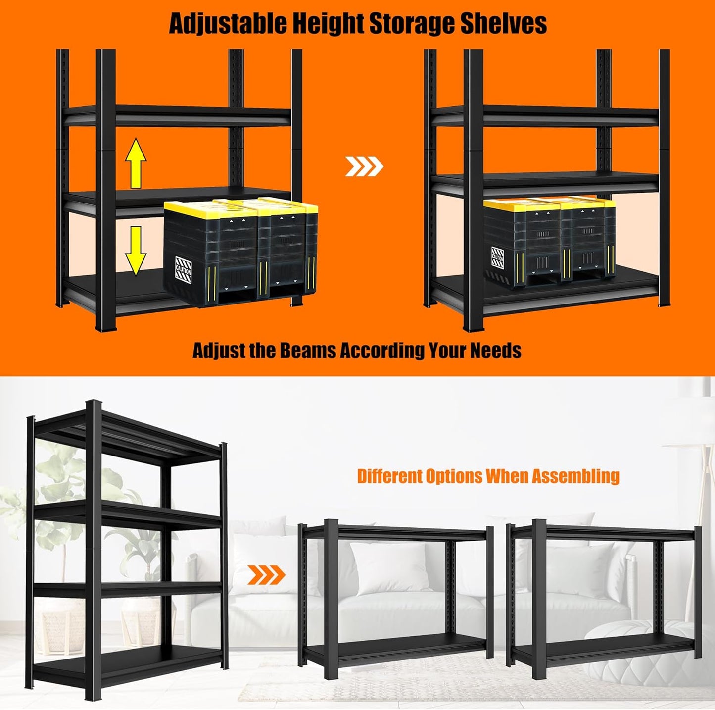 40in Wide Garage Shelving Heavy Duty，2000lbs Large Loads Adjustable Garage Storage Shelves,All Metal Storage Racks and Utility Rack Shelves, 40”W x 16”D x 72”H (Black)