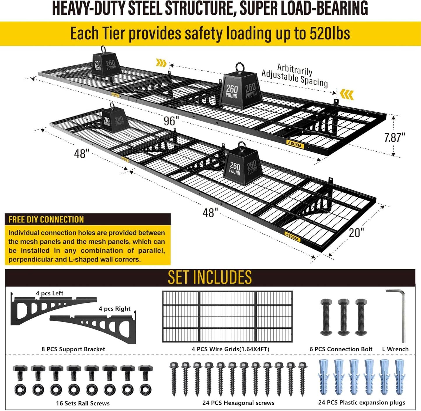 1.64x4ft 4Pack Wire Shelving Unit Heavy Duty Garage Storage Shelves Wall Mounted Black 1120lbs Load Capacity（20-inch-by-48-inch）
