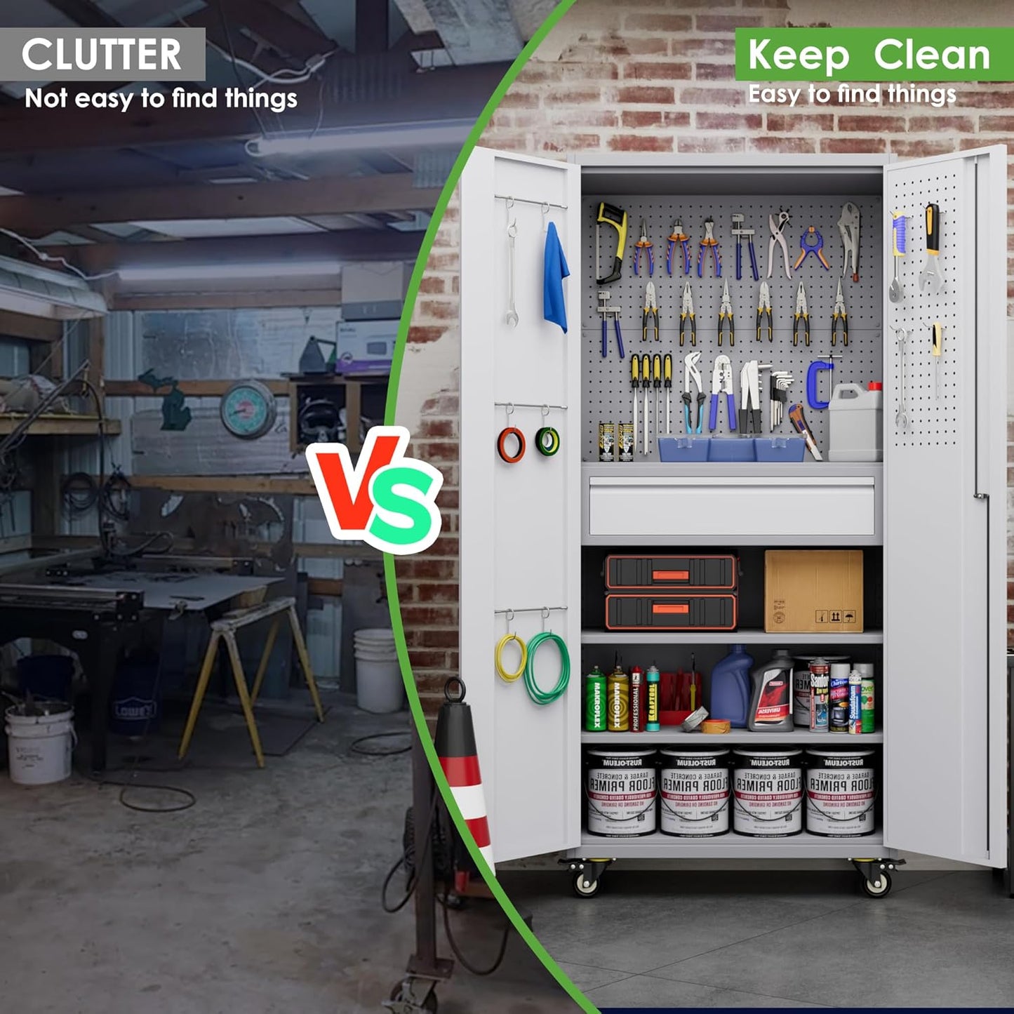 71" Metal Garage Storage Cabinet with 16 Hooks and Pegboards,1 Drawer Inside Rolling Tool Storage Cabinet with Adjustable Shelves,3 Metal Hanging Rod for Garage,Warehouse(Grey/White)