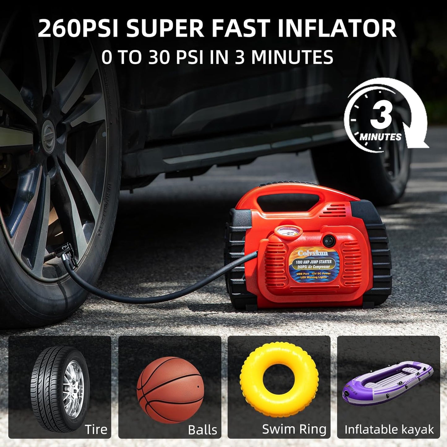 Jump Starter with Air Compressor, 260PSI 1000A Car Battery Jump Starter Battery Pack (6.0 Gas/6.0L Diesel),12V Car Jumper Starter Portable Jump Box with Tire Inflator