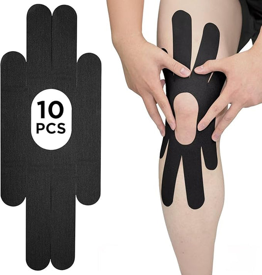 OK TAPE One-Structure K-Tape Patches | Precut for Knee Kinesiology Tape | Pain Relief and Accessories | 10 Pcs and Black
