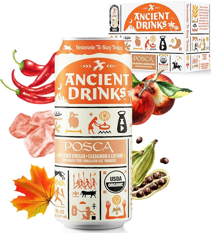 ANCIENT DRINKS Apple Cider Vinegar Beverage with Electrolytes, Vitamins, & Probiotics, Organic, Super-Hydrating Sports Drink - Posca (Cayenne & Cardamom) - 16 fl oz (12 cans)